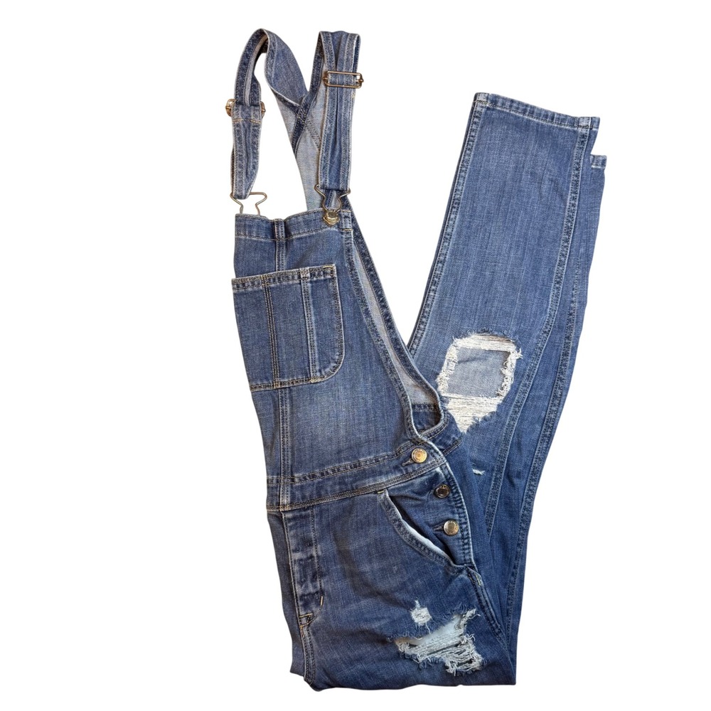 American Eagle Distressed Denim Overalls Blue Ripped Slim Leg Womens Small